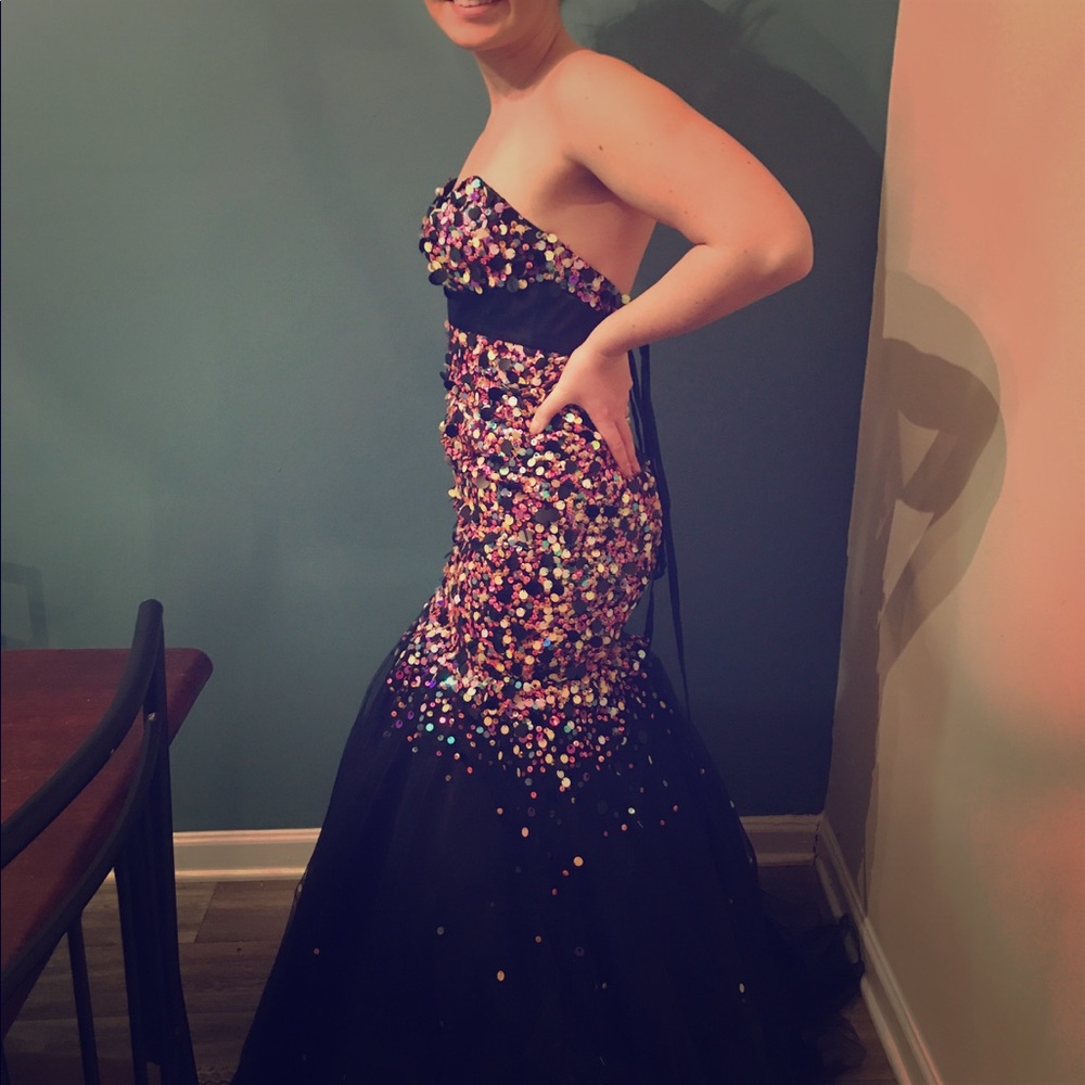 Sequined, black & multicolor glamorous prom dress